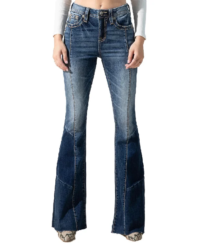 Women's High Rise Patchwork Flare Jeans Cozy Relaxed Fit Denim Jeans