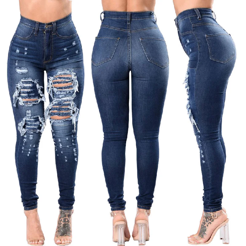 Women's Ripped Denim Washed Denim Pants Elegant High-Waist Pants