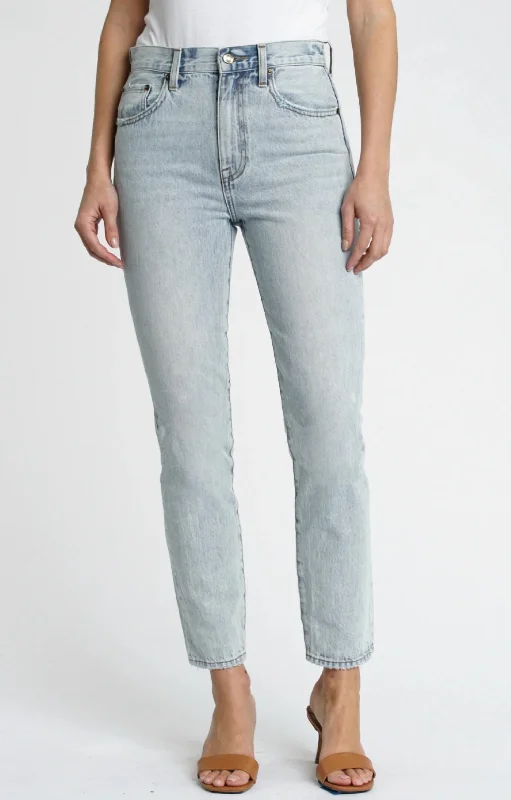 Keaton High Rise Slim Straight Jean In Blue Fashionable Distressed Jeans