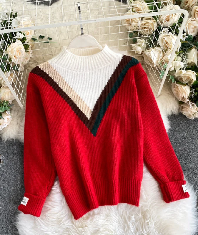 Red round neck long sleeve sweater  067 Slim Fit Regular Fit Oversized