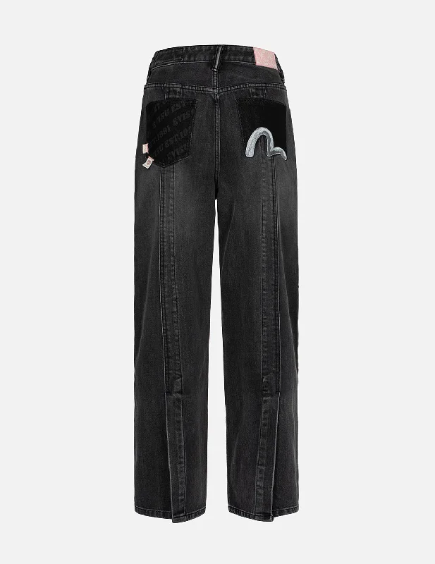 Seagull Embroidery with Logo-pattern Pocket Wide-leg Denim Jeans Comfortable Zip-Fly Denim Jeans