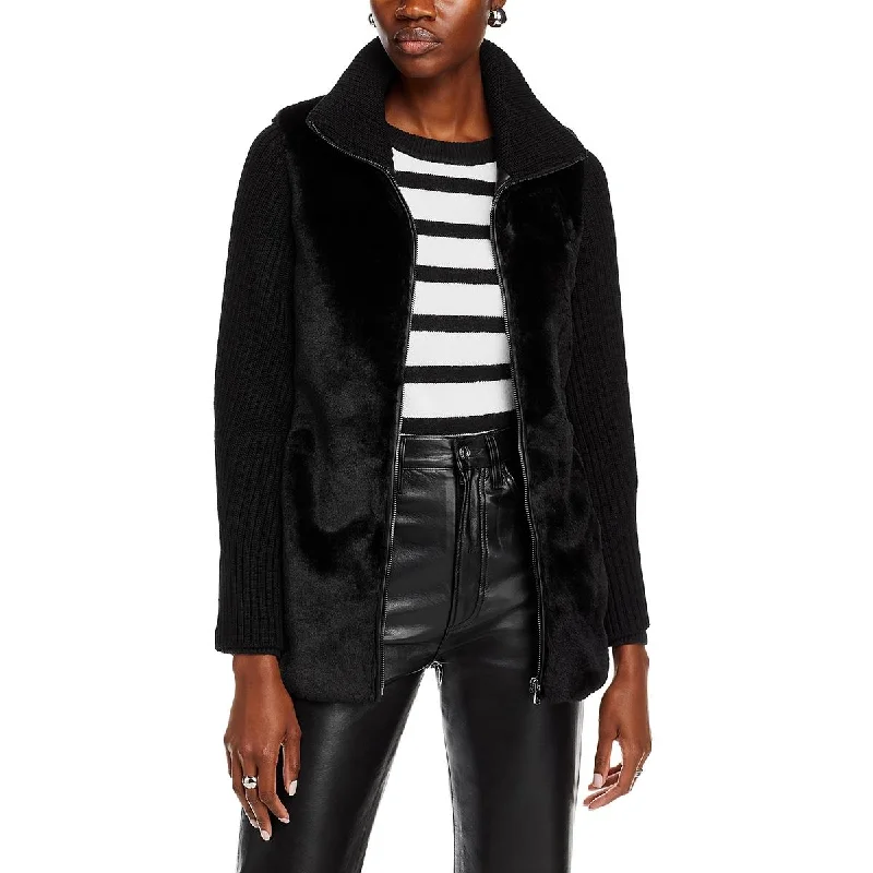 Womens Faux Fur Ribbed Trim Full Zip Sweater Toggled Drawstring Belted