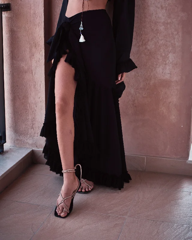 Black Crepe Wrap Around Open Panel Skirt ribbed skirt waist