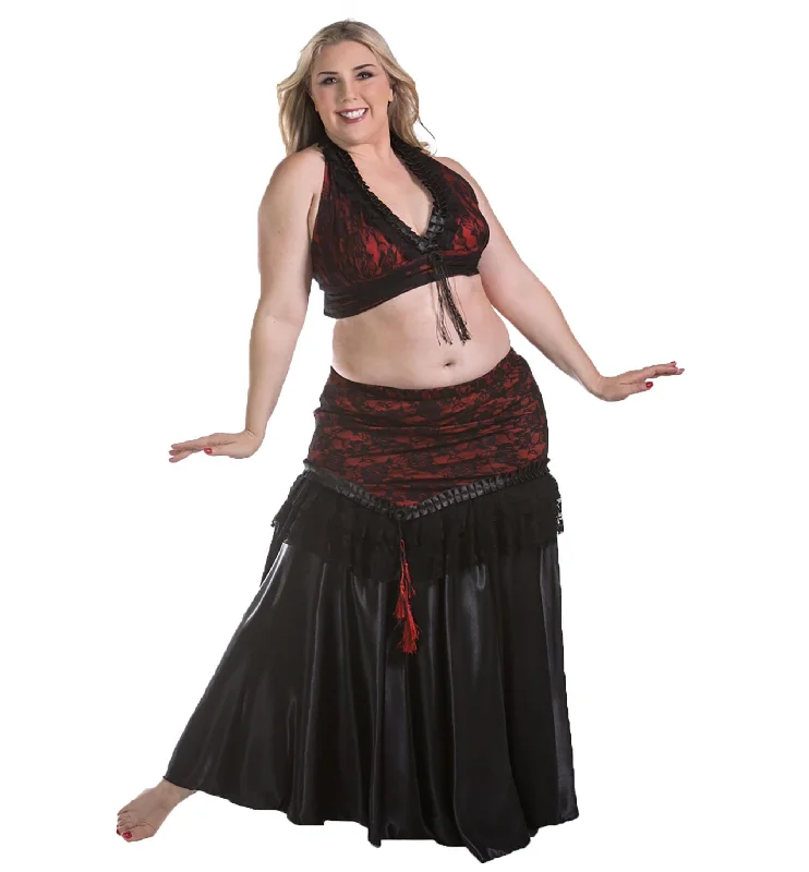 Belly Dance Satin Skirt, Lace Over-Skirt, & Halter Top Costume Set | DEEP SATIN silk skirt lustrous