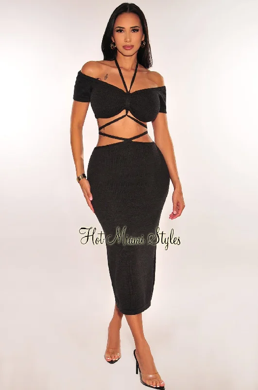 Black Ribbed Knit Halter Off Shoulder Wrap Around Slit Skirt Two Piece Set relaxed fit skirt