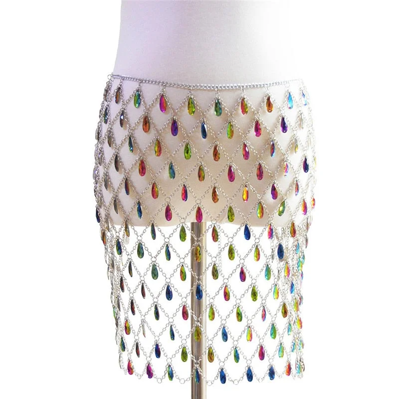 Bling Diamonds Hollow Out Mini Skirts Women Sexy See Through Link Chains Raindrop Rhinestones Skirt Rave Festival Party Clubwear chiffon skirt lightweight