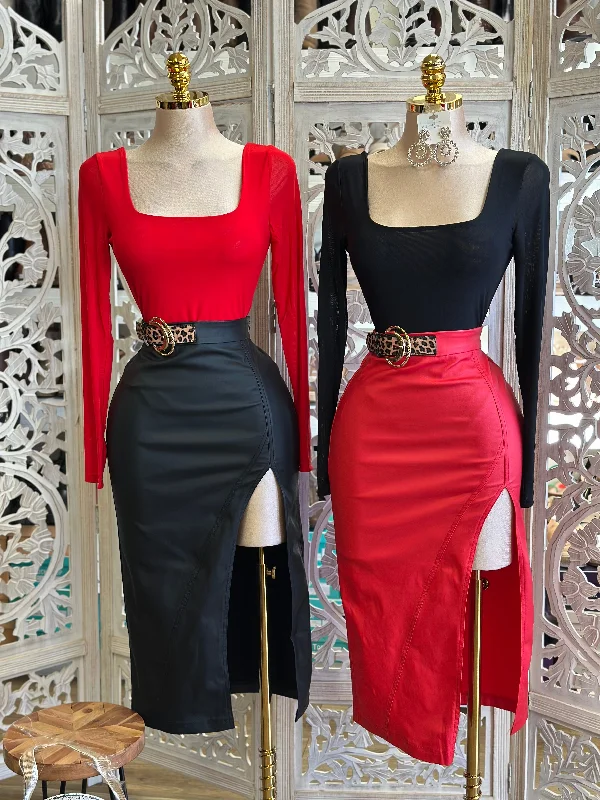 Cheetah Belt High Slit Midi Skirt-Estira, Stretchy spandex blend skirt