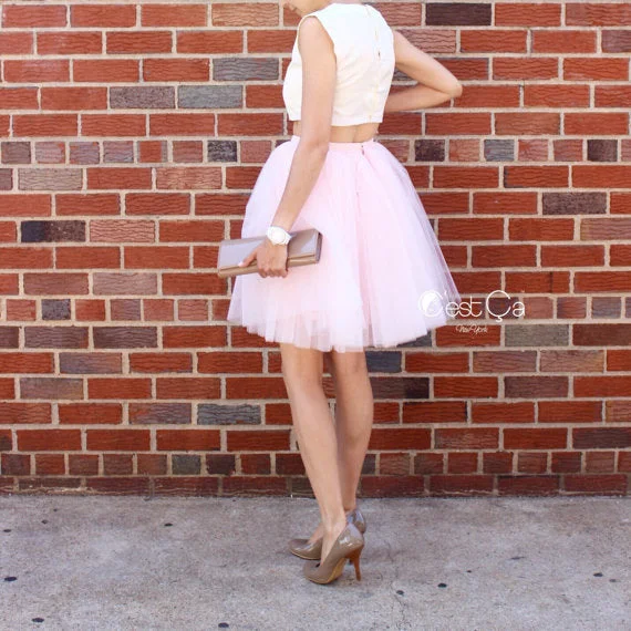 Clarisa Blush Pink Tulle Skirt - Midi wool skirt thick