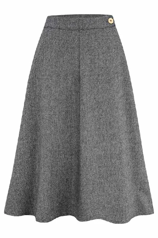 Classic 1940s Style A-Line Skirt in Grey Herringbone zip skirt side