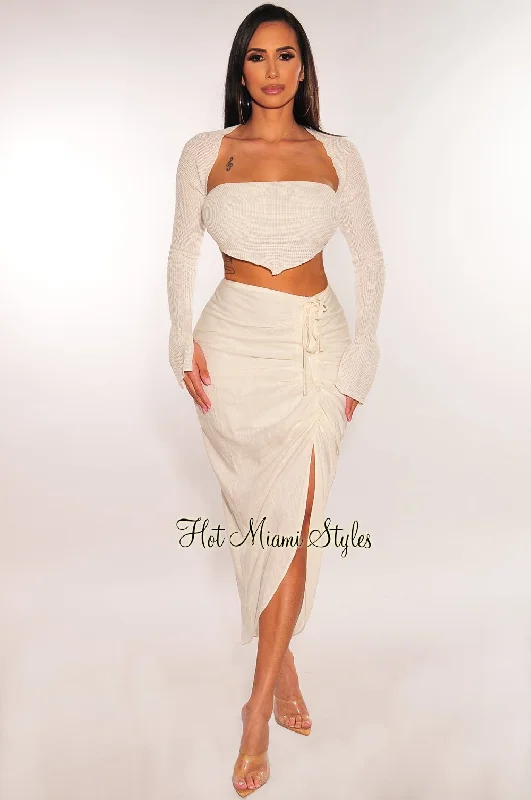 Off White Linen Ruched Drawstring Slit Skirt denim skirt trendy