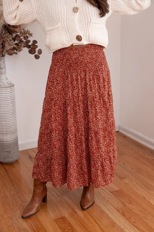 Enchanted Florals Rust Midi Skirt denim skirt trendy