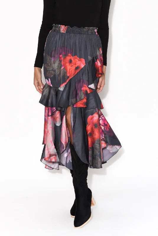Enough Navy Floral Ruffle Skirt lace skirt elegant