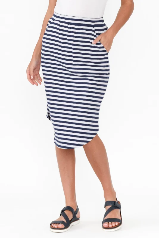 Evie Navy Stripe Cotton Blend Skirt leather skirt sleek