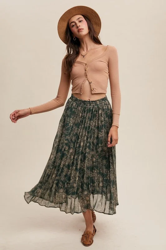 FLORAL PRINT PLEATED SKIRT linen skirt breathable