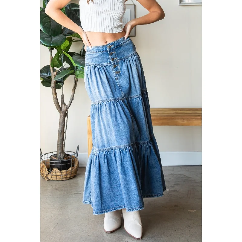 Front Button 3 Tiered Denim Skirt velvet skirt plush