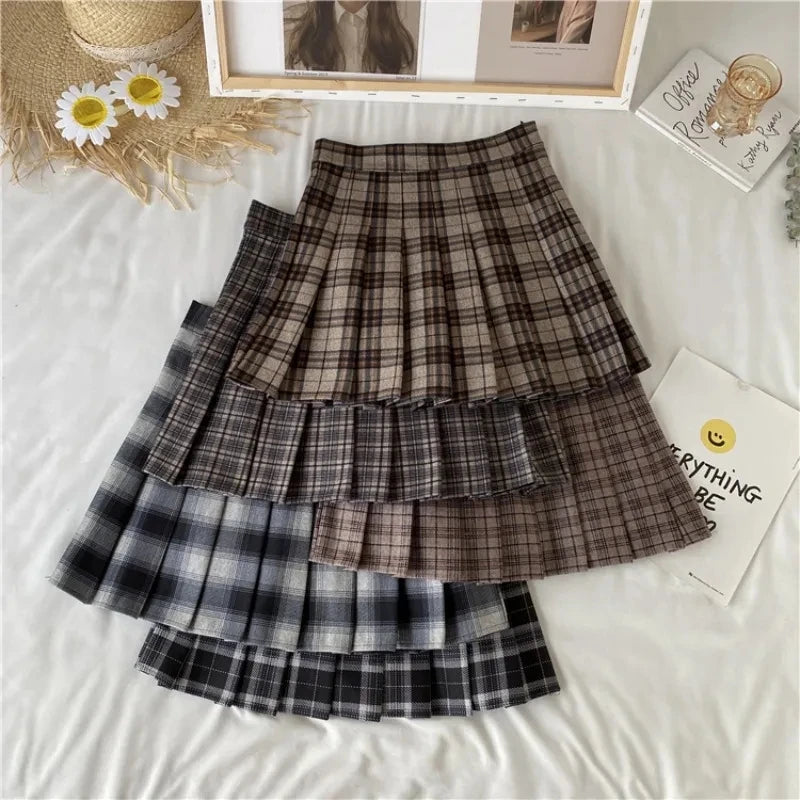 Japan Plaid Jk High Waist Thin A Line Short Skirt linen skirt airy