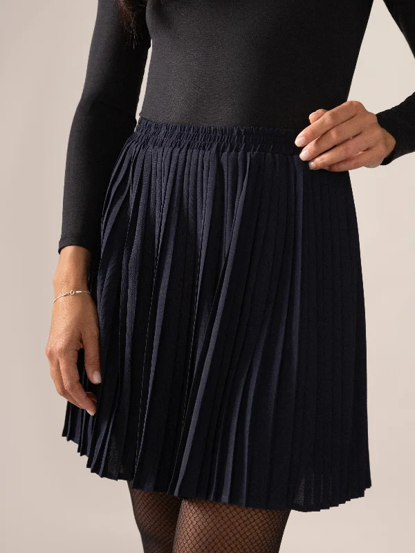 Hazel Pleated OTK Skirt in Midnight Blue casual skirt length
