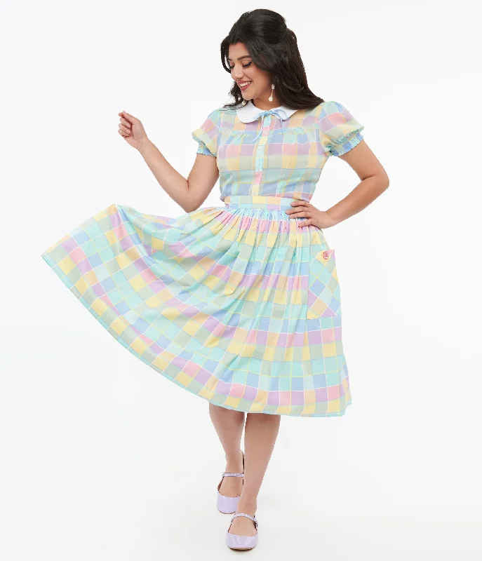 Hell Bunny 1950s Pastel Check Cotton Skye Swing Skirt spandex blend skirt
