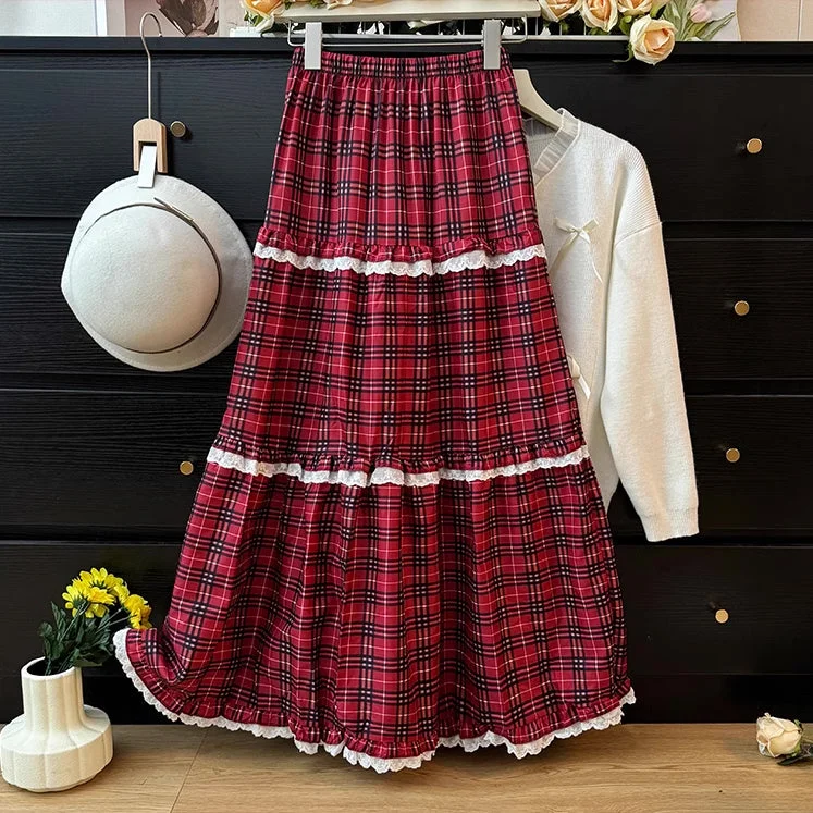 Holiday Plaid Tiered Lace Midi Skirt (Red) chiffon skirt airy