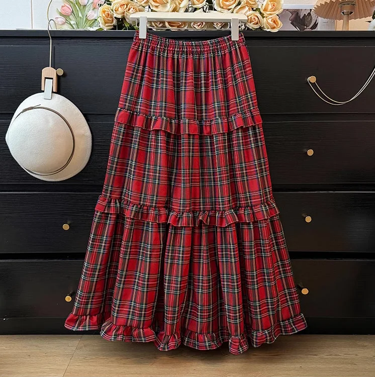 Holiday Plaid Tiered Midi Skirt (3 Colors) lace skirt intricate