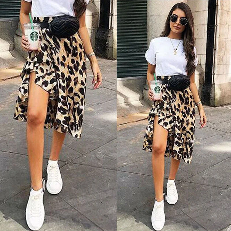 Hot Fashion Leopard Print High Waist Skirt midi skirt versatile