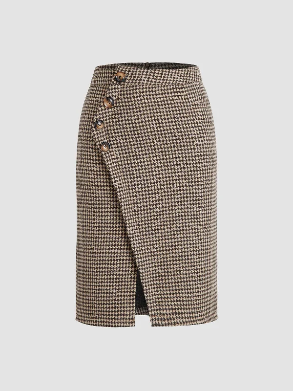 BerryBetty - Houndstooth Side Button Zip Slit Midi Skirt elastic waist skirt