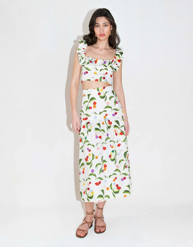 June Cotton Midi Skirt - Cherry White - SALE corduroy skirt comfortable