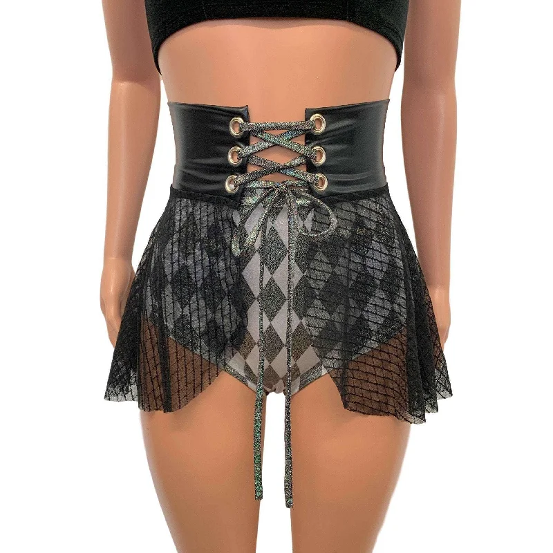 Lace-Up Corset Skirt - Black Vixen Mesh w/ Black Metallic chiffon skirt floaty