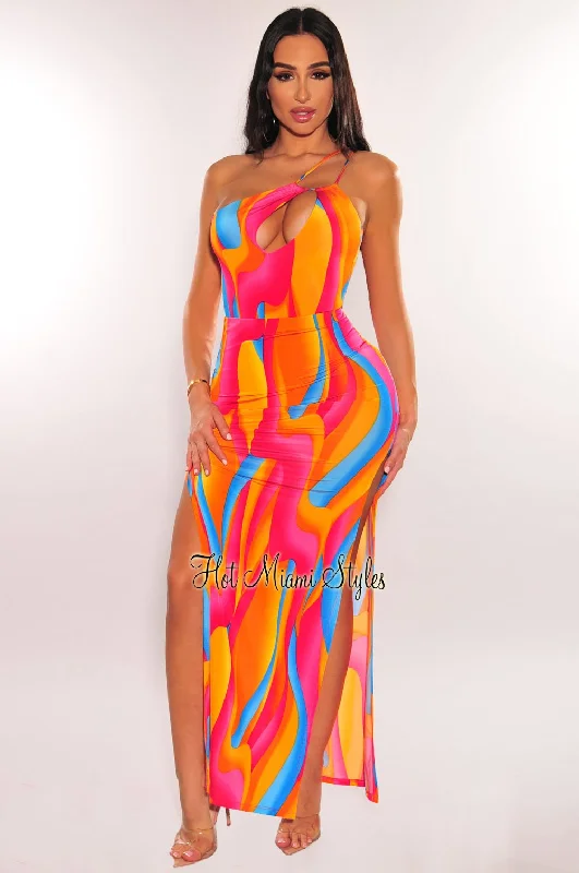 Multi Color Swirl Print One Shoulder Drawstring Bodysuit Double Slit Skirt Two Piece Set linen skirt breathable