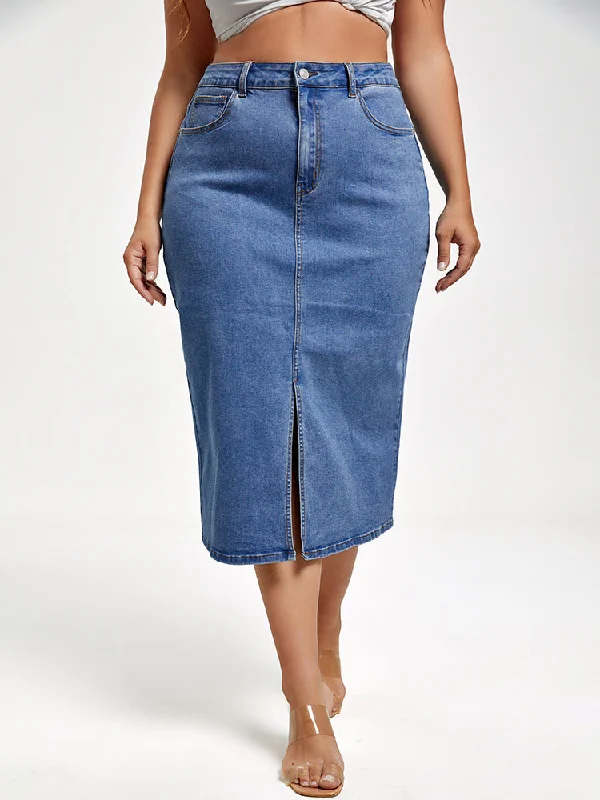 Plus Blue Slit Front Denim Skirt velvet skirt sumptuous