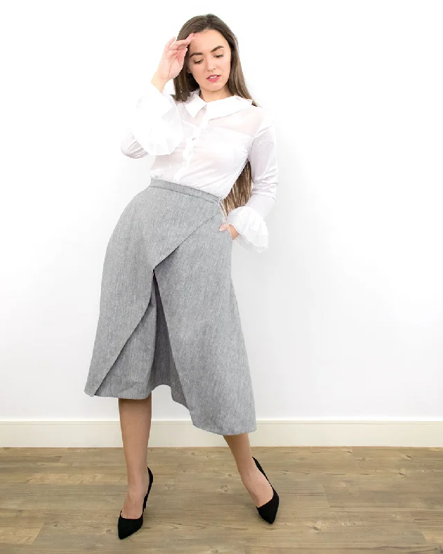 Plya Grey Fit & Flare High Waist Skirt with Pockets ruffled skirt detail