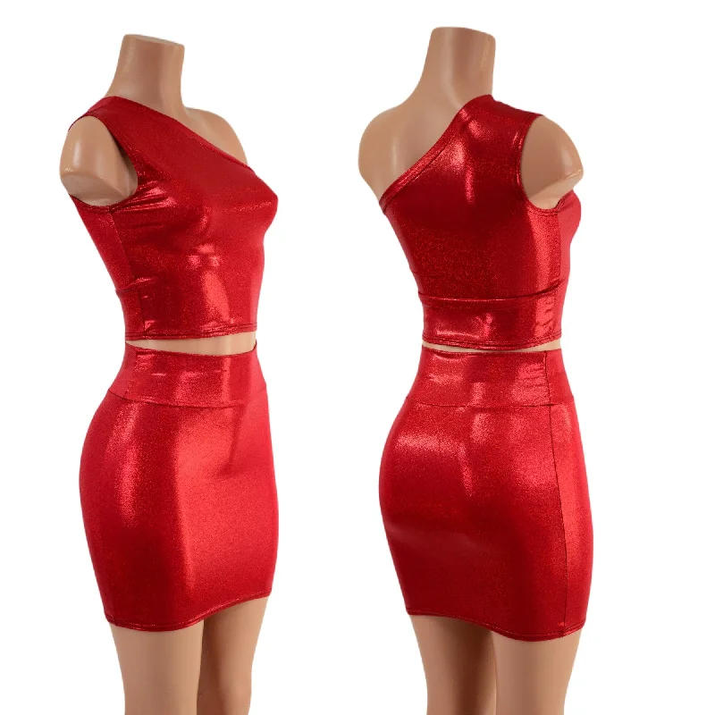 Red Sparkly One Shoulder Crop Top & Bodycon Skirt Set cotton skirt soft