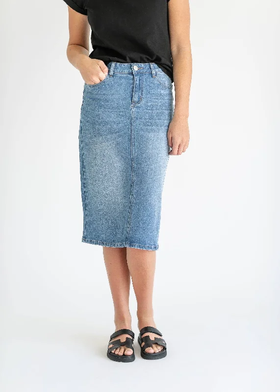 Remi Light Wash Denim Midi Skirt ribbed skirt waist