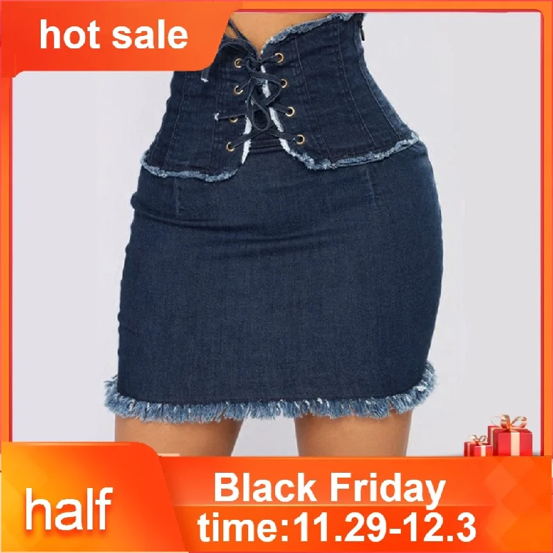 Sexy Female Skirts Women's Fashion High Waist Solid Casual Denim Bodycon Lace Up Short Jean Skirt Saia Xadrez lace skirt romantic