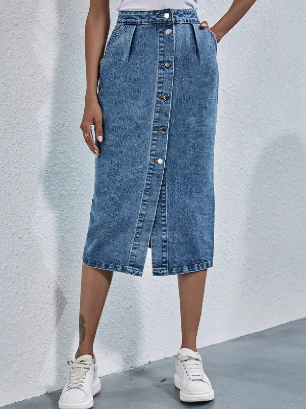 BerriesJam - 2024 Single Breasted Knee Length Denim Skirt summer skirt style
