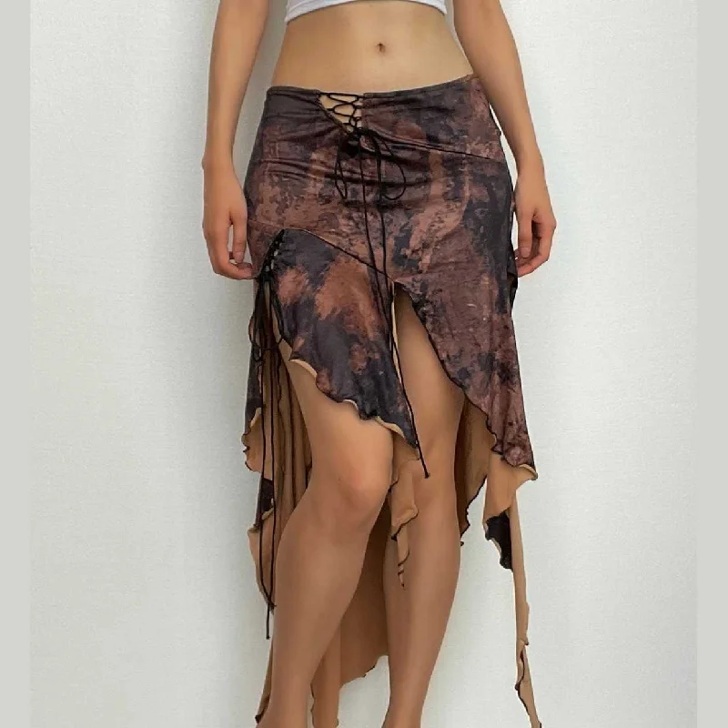 Tie dye irregular self tie slit contrast lace up low rise midi skirt lace skirt intricate