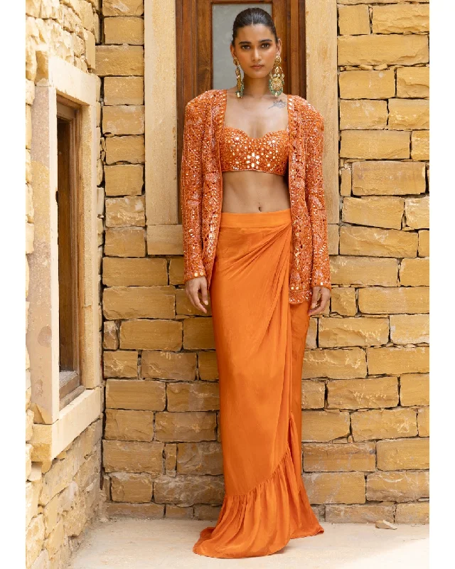 Toasted Orange Embroidered Jacket and Skirt Set wool skirt warm