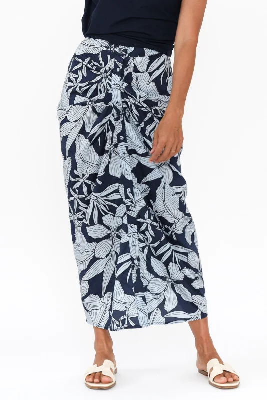 Treston Blue Tropical Cotton Gathered Skirt cashmere skirt rich