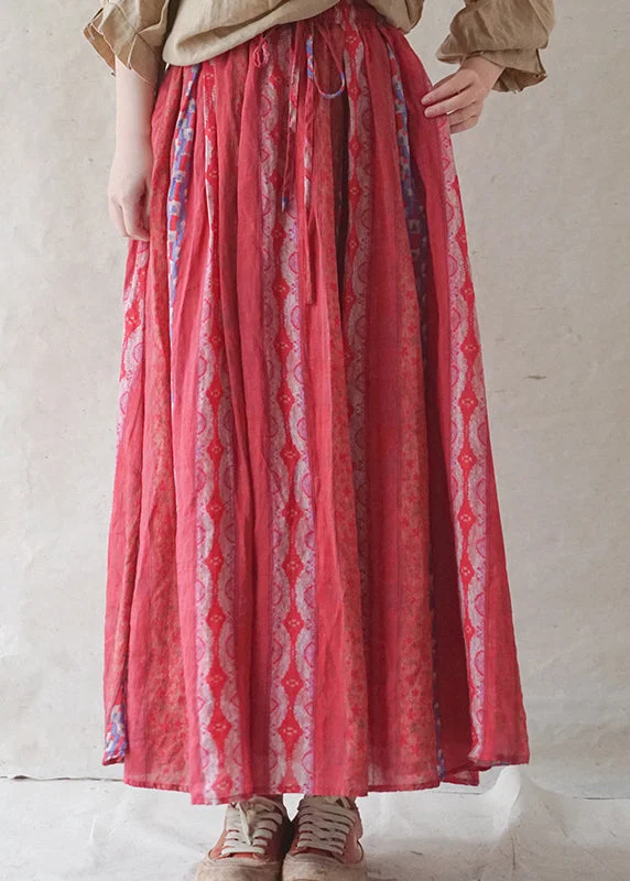 Women Red elastic waist pocket print Linen Beach Skirt Spring cotton skirt soft