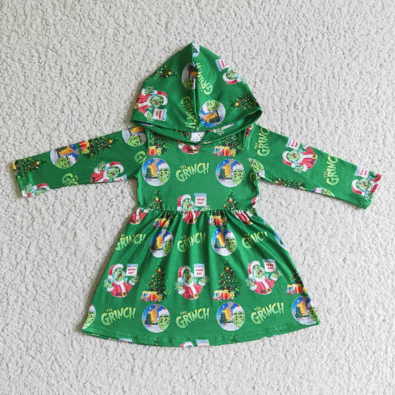 Clearance  6 B10-24  Christmas Green Cartoon With Hat Hoodies Girls Long Sleeve Dresses Hoodie with Button Classic Timeless