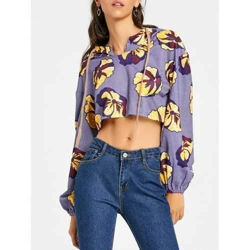 Floral Print Drawstring Crop Hoodie - Purple M Hoodie with Hem Patch Decorative Personalized
