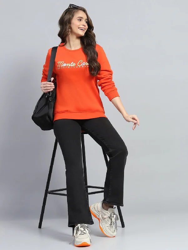 Women Orange Printed Round Neck Full Sleeve Sweatshirt Hoodie with Stripes Bold Sporty
